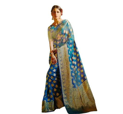 Indian Tussar Silk Saree For Women - Blue